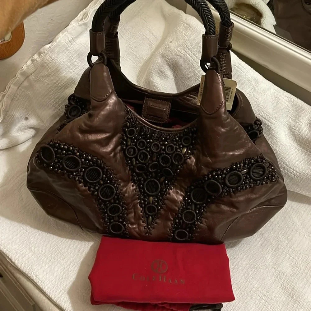 COLE HAAN- tiger eye metallic Alyssa bead bag - NWT